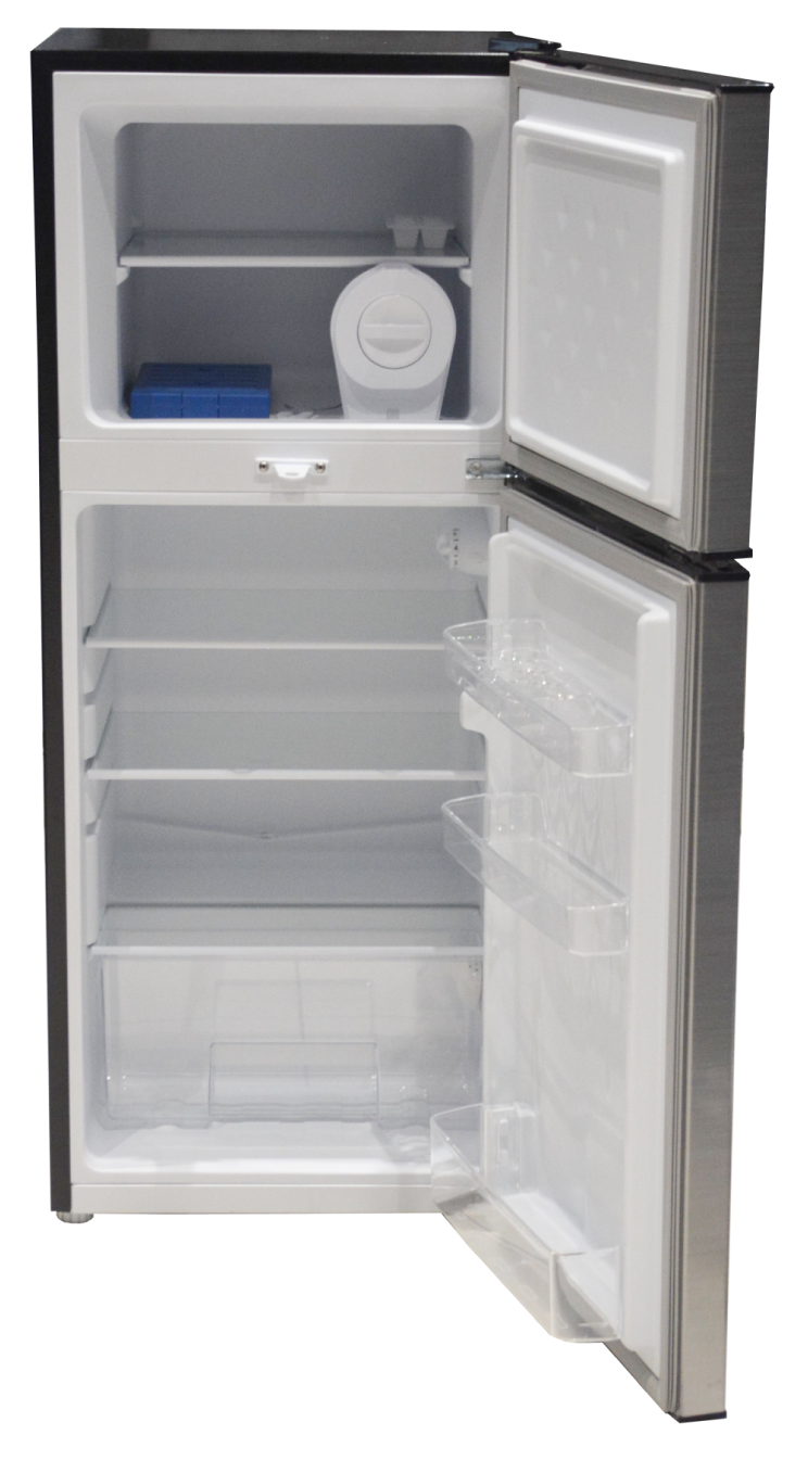 Capacity: 118 Litres Power: 80W Double door VC Filter – Germ Buster Cool Pack – Maintains cold during power cuts Glass shelves Large freezer section Twist Ice tray provided Egg Tray Large vegetable box Lock & Key CFC Free Defrost Function High voltage tolerance compressor 220V-240V Line Silver Dark
